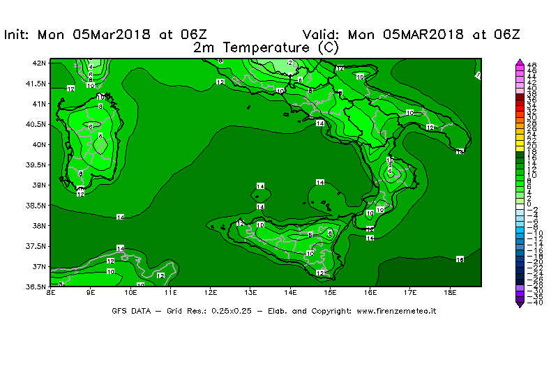 Mappa di analisi GFS - Temperatura a 2 metri dal suolo [°C] in Sud-Italia
							del 05/03/2018 06 <!--googleoff: index-->UTC<!--googleon: index-->