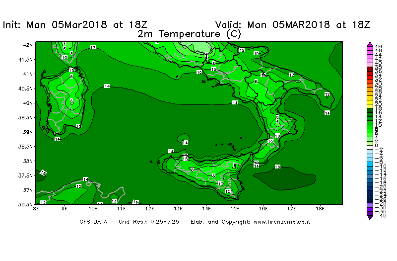 Mappa di analisi GFS - Temperatura a 2 metri dal suolo [°C] in Sud-Italia
							del 05/03/2018 18 <!--googleoff: index-->UTC<!--googleon: index-->