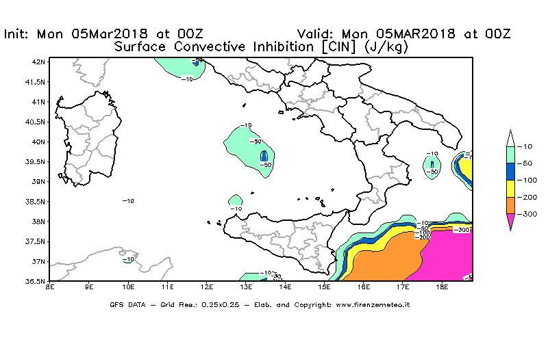 Mappa di analisi GFS - CIN [J/kg] in Sud-Italia
							del 05/03/2018 00 <!--googleoff: index-->UTC<!--googleon: index-->