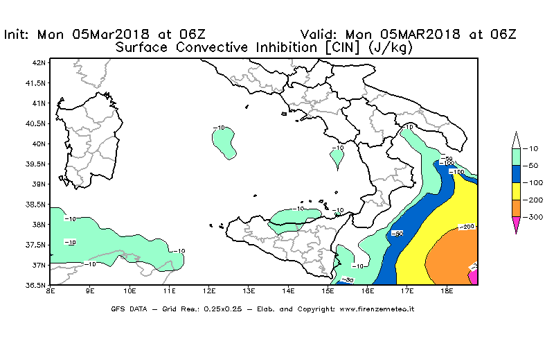 Mappa di analisi GFS - CIN [J/kg] in Sud-Italia
							del 05/03/2018 06 <!--googleoff: index-->UTC<!--googleon: index-->