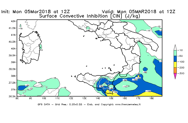 Mappa di analisi GFS - CIN [J/kg] in Sud-Italia
							del 05/03/2018 12 <!--googleoff: index-->UTC<!--googleon: index-->