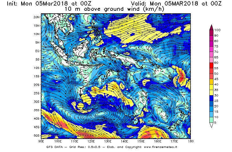 Mappa di analisi GFS - Velocità del vento a 10 metri dal suolo [km/h] in Oceania
							del 05/03/2018 00 <!--googleoff: index-->UTC<!--googleon: index-->