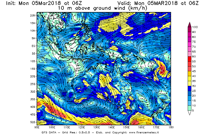 Mappa di analisi GFS - Velocità del vento a 10 metri dal suolo [km/h] in Oceania
							del 05/03/2018 06 <!--googleoff: index-->UTC<!--googleon: index-->