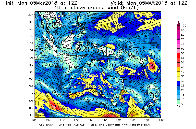 Mappa di analisi GFS - Velocità del vento a 10 metri dal suolo [km/h] in Oceania
							del 05/03/2018 12 <!--googleoff: index-->UTC<!--googleon: index-->