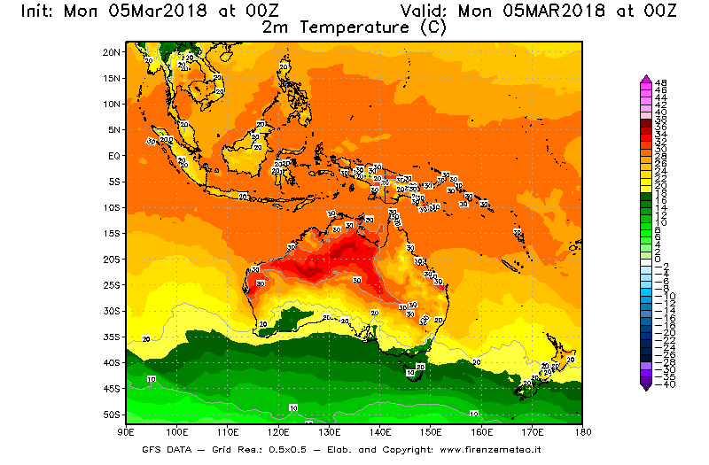 Mappa di analisi GFS - Temperatura a 2 metri dal suolo [°C] in Oceania
							del 05/03/2018 00 <!--googleoff: index-->UTC<!--googleon: index-->