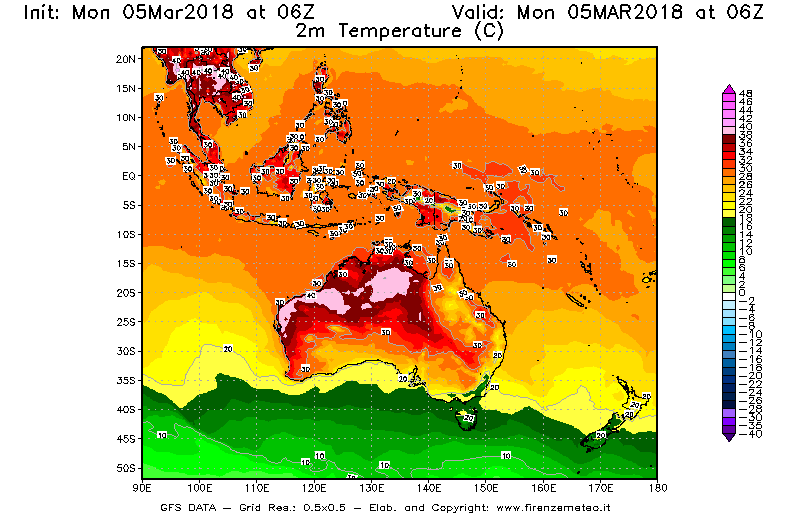 Mappa di analisi GFS - Temperatura a 2 metri dal suolo [°C] in Oceania
							del 05/03/2018 06 <!--googleoff: index-->UTC<!--googleon: index-->