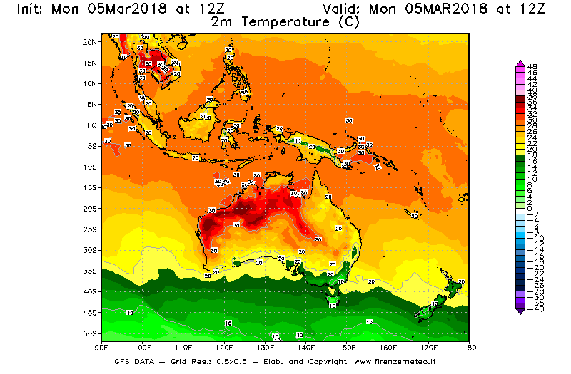 Mappa di analisi GFS - Temperatura a 2 metri dal suolo [°C] in Oceania
							del 05/03/2018 12 <!--googleoff: index-->UTC<!--googleon: index-->