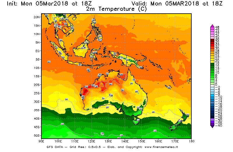 Mappa di analisi GFS - Temperatura a 2 metri dal suolo [°C] in Oceania
							del 05/03/2018 18 <!--googleoff: index-->UTC<!--googleon: index-->