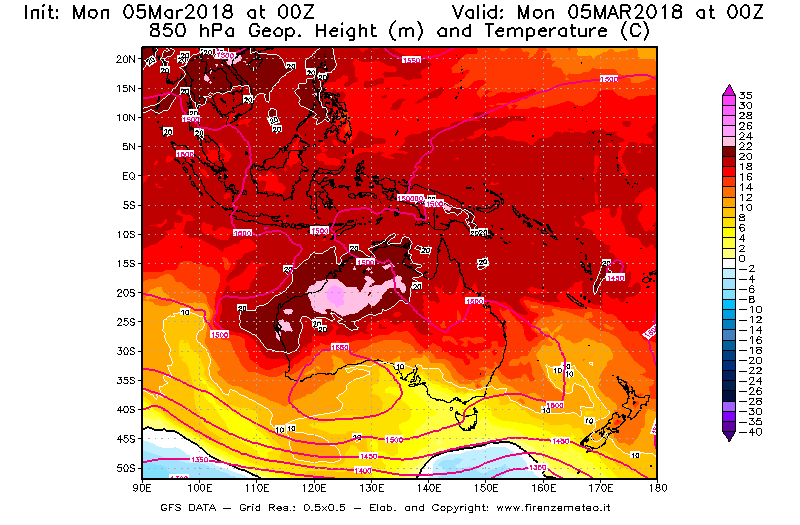 Mappa di analisi GFS - Geopotenziale [m] e Temperatura [°C] a 850 hPa in Oceania
							del 05/03/2018 00 <!--googleoff: index-->UTC<!--googleon: index-->