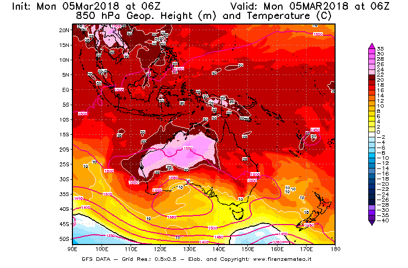 Mappa di analisi GFS - Geopotenziale [m] e Temperatura [°C] a 850 hPa in Oceania
							del 05/03/2018 06 <!--googleoff: index-->UTC<!--googleon: index-->