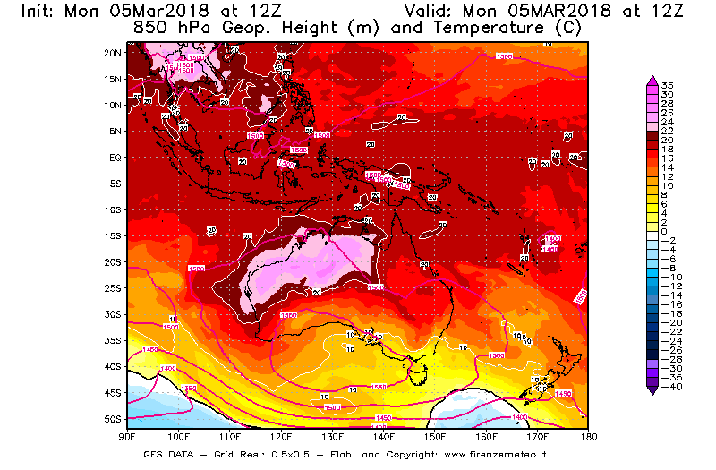 Mappa di analisi GFS - Geopotenziale [m] e Temperatura [°C] a 850 hPa in Oceania
							del 05/03/2018 12 <!--googleoff: index-->UTC<!--googleon: index-->