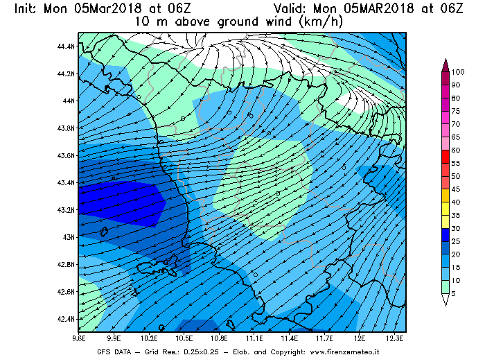 Mappa di analisi GFS - Velocità del vento a 10 metri dal suolo [km/h] in Toscana
							del 05/03/2018 06 <!--googleoff: index-->UTC<!--googleon: index-->