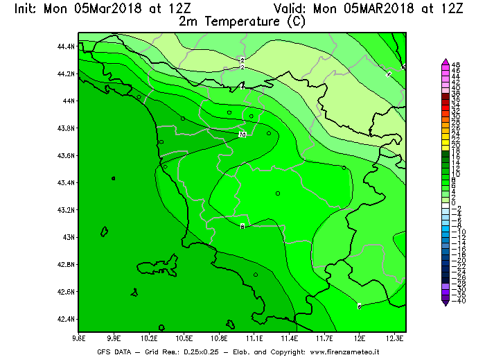 Mappa di analisi GFS - Temperatura a 2 metri dal suolo [°C] in Toscana
							del 05/03/2018 12 <!--googleoff: index-->UTC<!--googleon: index-->