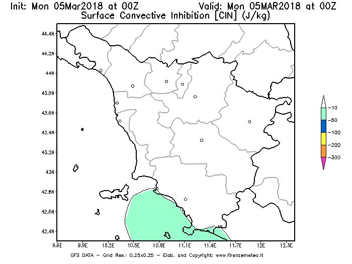 Mappa di analisi GFS - CIN [J/kg] in Toscana
							del 05/03/2018 00 <!--googleoff: index-->UTC<!--googleon: index-->