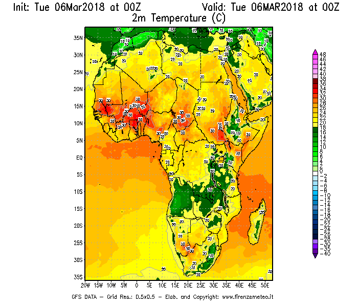 Mappa di analisi GFS - Temperatura a 2 metri dal suolo [°C] in Africa
							del 06/03/2018 00 <!--googleoff: index-->UTC<!--googleon: index-->
