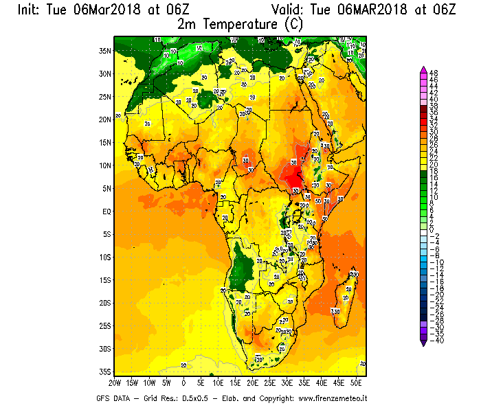 Mappa di analisi GFS - Temperatura a 2 metri dal suolo [°C] in Africa
							del 06/03/2018 06 <!--googleoff: index-->UTC<!--googleon: index-->