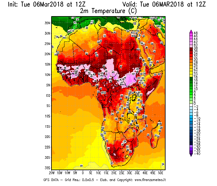 Mappa di analisi GFS - Temperatura a 2 metri dal suolo [°C] in Africa
							del 06/03/2018 12 <!--googleoff: index-->UTC<!--googleon: index-->