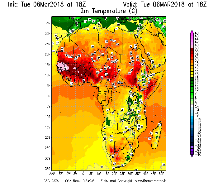 Mappa di analisi GFS - Temperatura a 2 metri dal suolo [°C] in Africa
							del 06/03/2018 18 <!--googleoff: index-->UTC<!--googleon: index-->
