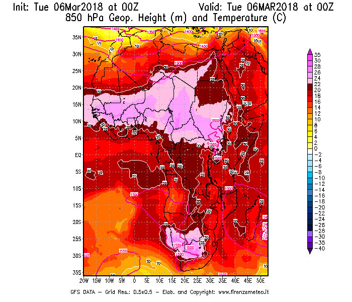 Mappa di analisi GFS - Geopotenziale [m] e Temperatura [°C] a 850 hPa in Africa
							del 06/03/2018 00 <!--googleoff: index-->UTC<!--googleon: index-->