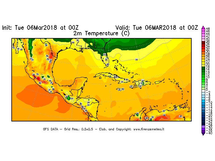 Mappa di analisi GFS - Temperatura a 2 metri dal suolo [°C] in Centro-America
							del 06/03/2018 00 <!--googleoff: index-->UTC<!--googleon: index-->