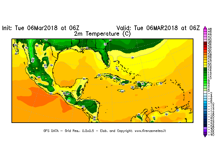 Mappa di analisi GFS - Temperatura a 2 metri dal suolo [°C] in Centro-America
							del 06/03/2018 06 <!--googleoff: index-->UTC<!--googleon: index-->