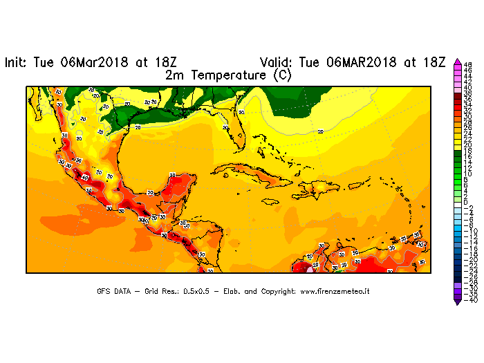 Mappa di analisi GFS - Temperatura a 2 metri dal suolo [°C] in Centro-America
							del 06/03/2018 18 <!--googleoff: index-->UTC<!--googleon: index-->