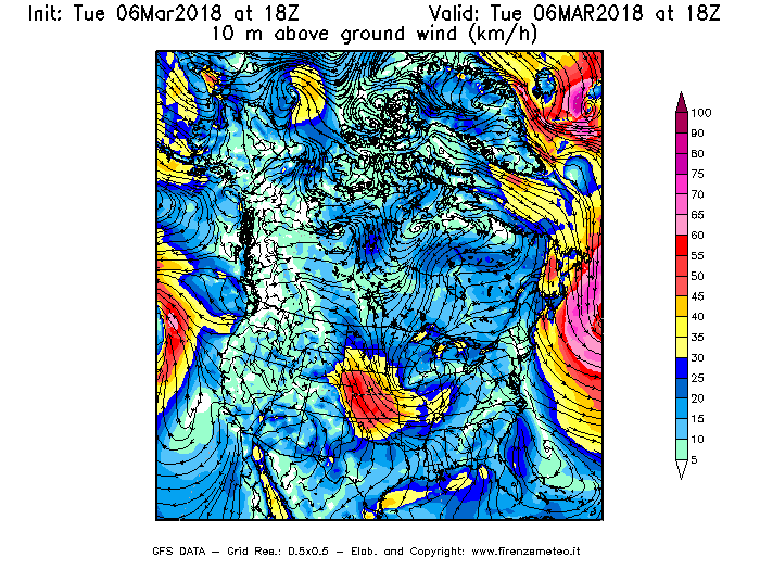 Mappa di analisi GFS - Velocità del vento a 10 metri dal suolo [km/h] in Nord-America
							del 06/03/2018 18 <!--googleoff: index-->UTC<!--googleon: index-->