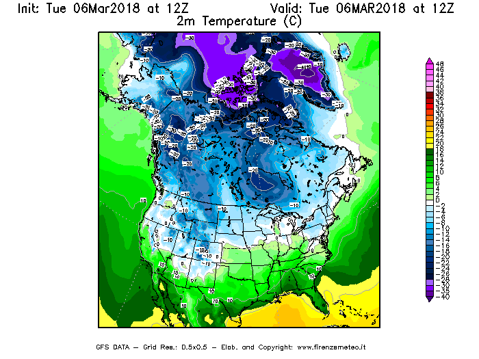 Mappa di analisi GFS - Temperatura a 2 metri dal suolo [°C] in Nord-America
							del 06/03/2018 12 <!--googleoff: index-->UTC<!--googleon: index-->