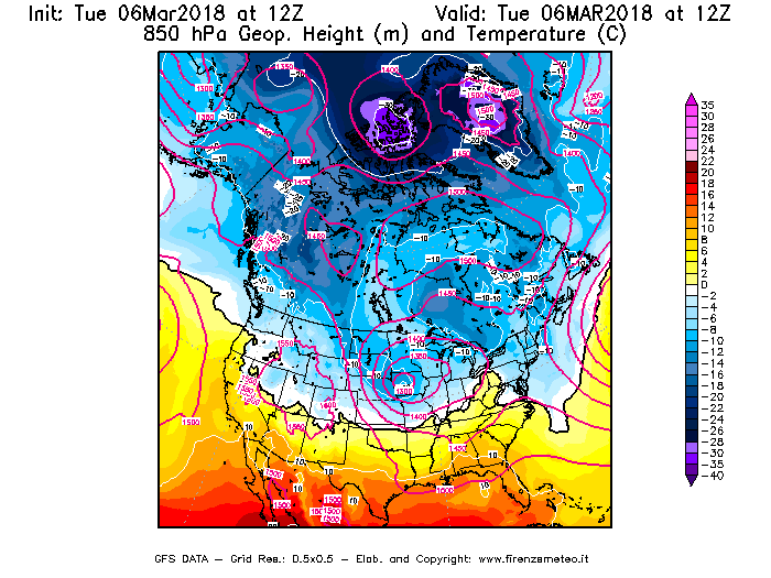 Mappa di analisi GFS - Geopotenziale [m] e Temperatura [°C] a 850 hPa in Nord-America
							del 06/03/2018 12 <!--googleoff: index-->UTC<!--googleon: index-->