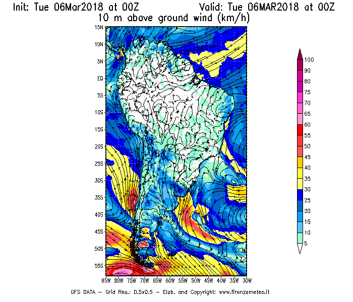 Mappa di analisi GFS - Velocità del vento a 10 metri dal suolo [km/h] in Sud-America
							del 06/03/2018 00 <!--googleoff: index-->UTC<!--googleon: index-->