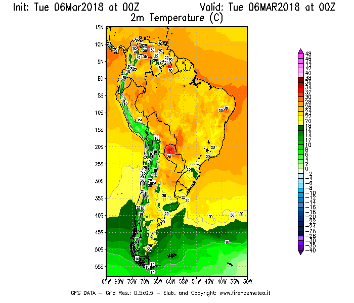 Mappa di analisi GFS - Temperatura a 2 metri dal suolo [°C] in Sud-America
							del 06/03/2018 00 <!--googleoff: index-->UTC<!--googleon: index-->