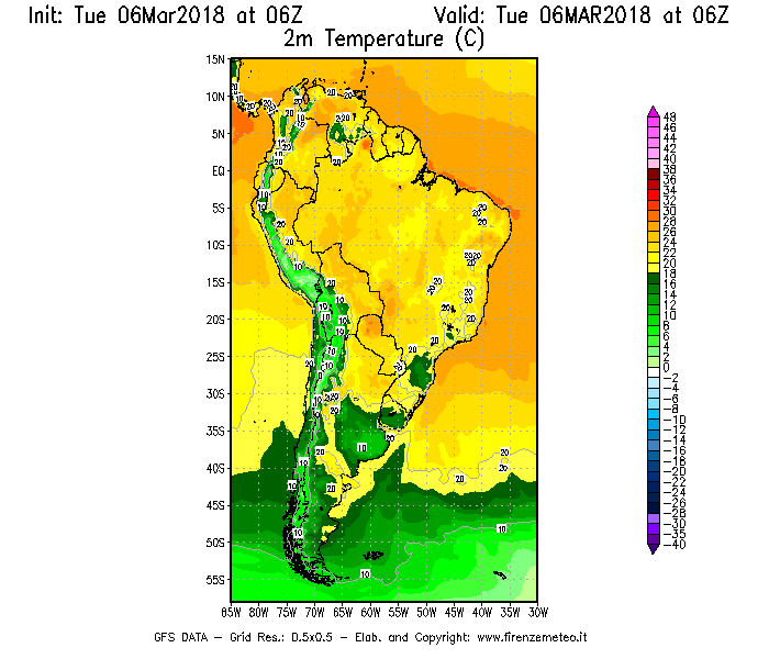 Mappa di analisi GFS - Temperatura a 2 metri dal suolo [°C] in Sud-America
							del 06/03/2018 06 <!--googleoff: index-->UTC<!--googleon: index-->