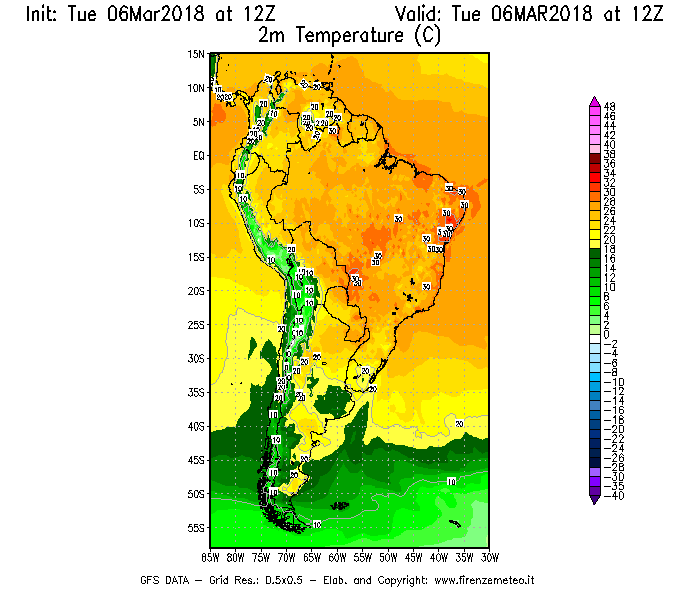 Mappa di analisi GFS - Temperatura a 2 metri dal suolo [°C] in Sud-America
							del 06/03/2018 12 <!--googleoff: index-->UTC<!--googleon: index-->