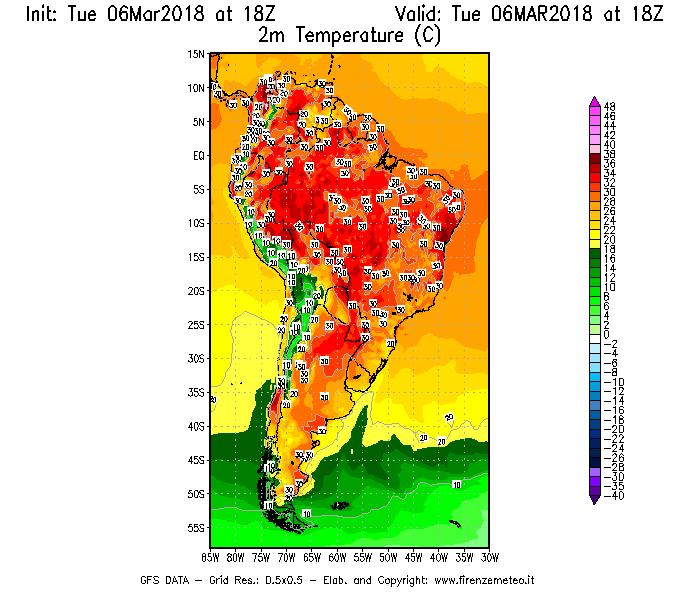 Mappa di analisi GFS - Temperatura a 2 metri dal suolo [°C] in Sud-America
							del 06/03/2018 18 <!--googleoff: index-->UTC<!--googleon: index-->