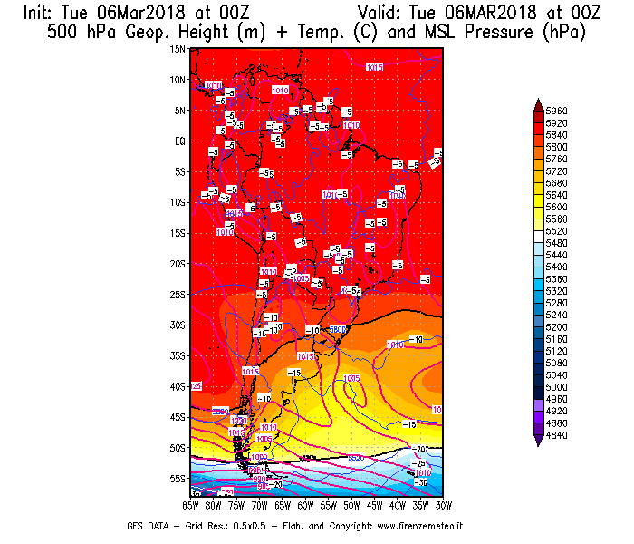 Mappa di analisi GFS - Geopotenziale [m] + Temp. [°C] a 500 hPa + Press. a livello del mare [hPa] in Sud-America
							del 06/03/2018 00 <!--googleoff: index-->UTC<!--googleon: index-->
