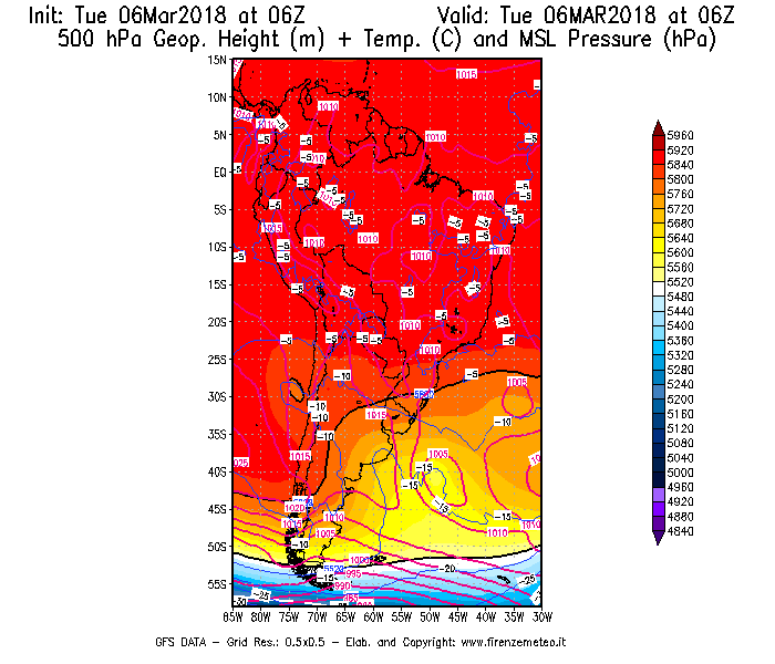 Mappa di analisi GFS - Geopotenziale [m] + Temp. [°C] a 500 hPa + Press. a livello del mare [hPa] in Sud-America
							del 06/03/2018 06 <!--googleoff: index-->UTC<!--googleon: index-->