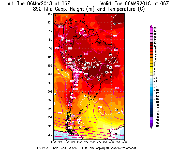 Mappa di analisi GFS - Geopotenziale [m] e Temperatura [°C] a 850 hPa in Sud-America
							del 06/03/2018 06 <!--googleoff: index-->UTC<!--googleon: index-->
