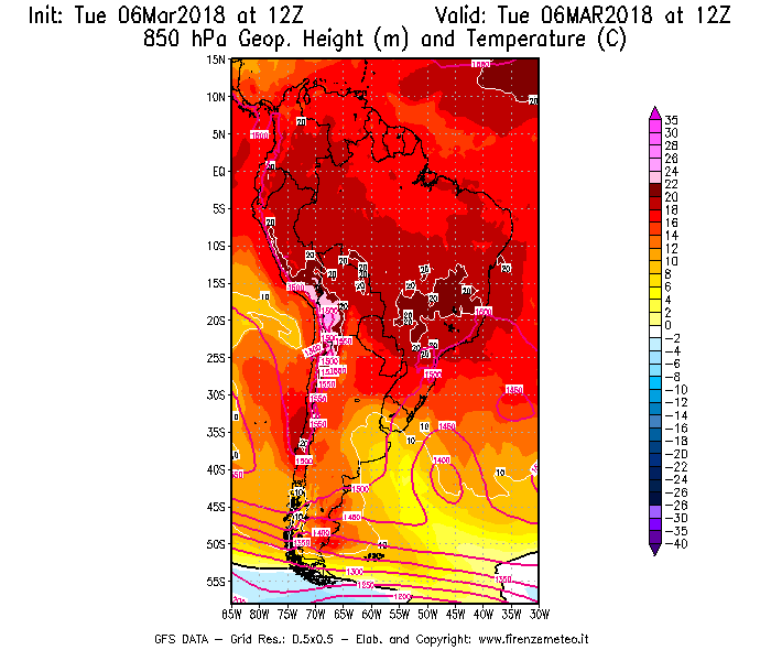 Mappa di analisi GFS - Geopotenziale [m] e Temperatura [°C] a 850 hPa in Sud-America
							del 06/03/2018 12 <!--googleoff: index-->UTC<!--googleon: index-->