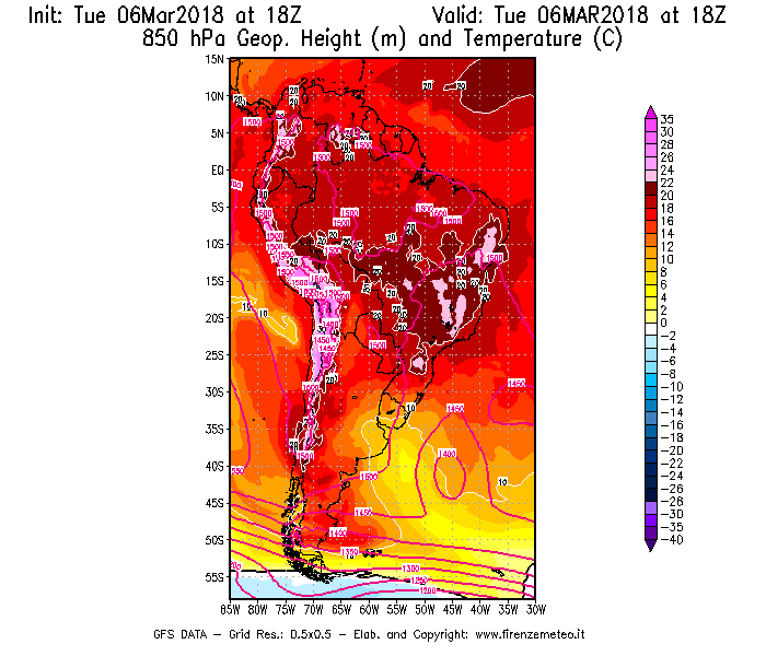 Mappa di analisi GFS - Geopotenziale [m] e Temperatura [°C] a 850 hPa in Sud-America
							del 06/03/2018 18 <!--googleoff: index-->UTC<!--googleon: index-->