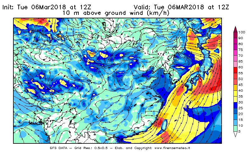 Mappa di analisi GFS - Velocità del vento a 10 metri dal suolo [km/h] in Asia Orientale
							del 06/03/2018 12 <!--googleoff: index-->UTC<!--googleon: index-->