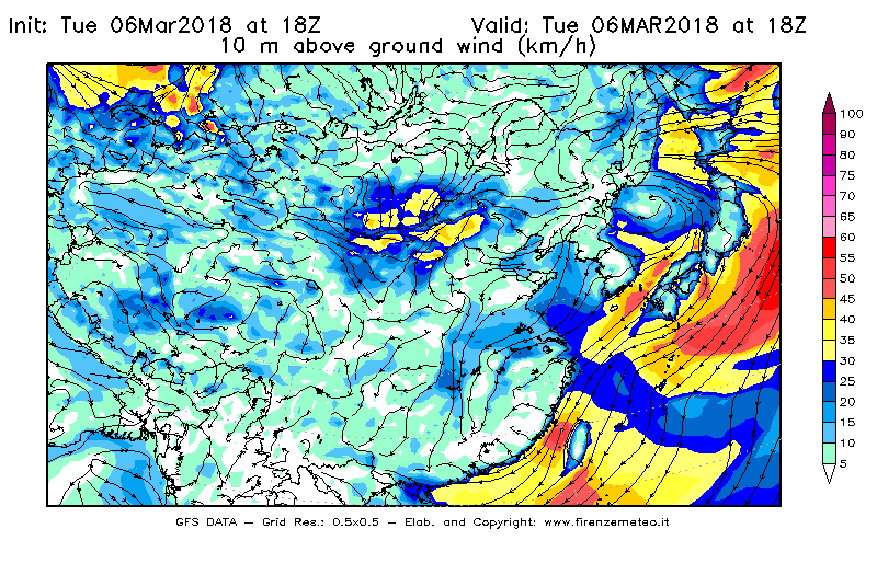 Mappa di analisi GFS - Velocità del vento a 10 metri dal suolo [km/h] in Asia Orientale
							del 06/03/2018 18 <!--googleoff: index-->UTC<!--googleon: index-->
