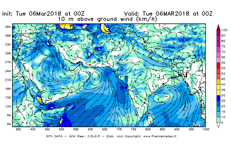 Mappa di analisi GFS - Velocità del vento a 10 metri dal suolo [km/h] in Asia Sud-Occidentale
							del 06/03/2018 00 <!--googleoff: index-->UTC<!--googleon: index-->