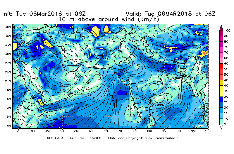 Mappa di analisi GFS - Velocità del vento a 10 metri dal suolo [km/h] in Asia Sud-Occidentale
							del 06/03/2018 06 <!--googleoff: index-->UTC<!--googleon: index-->