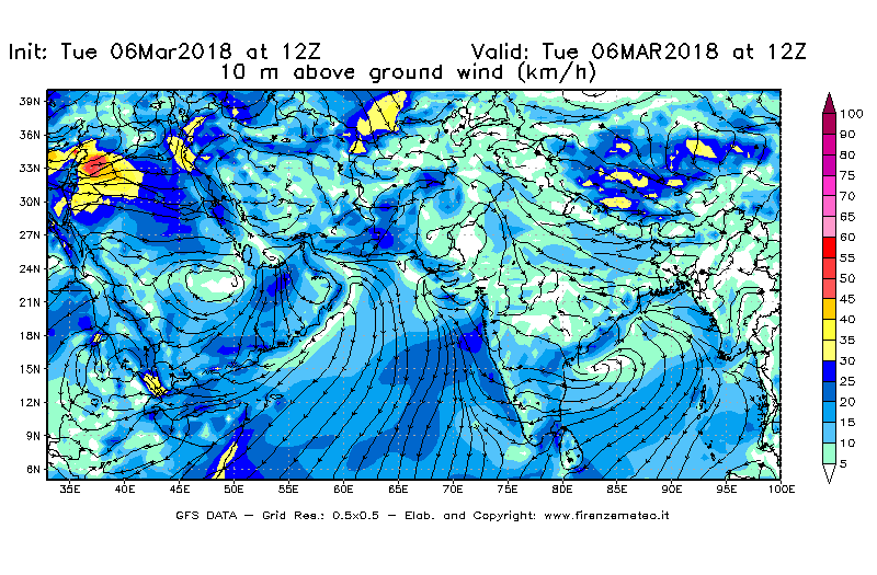 Mappa di analisi GFS - Velocità del vento a 10 metri dal suolo [km/h] in Asia Sud-Occidentale
							del 06/03/2018 12 <!--googleoff: index-->UTC<!--googleon: index-->