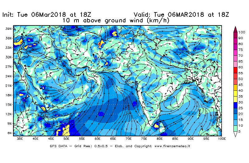 Mappa di analisi GFS - Velocità del vento a 10 metri dal suolo [km/h] in Asia Sud-Occidentale
							del 06/03/2018 18 <!--googleoff: index-->UTC<!--googleon: index-->