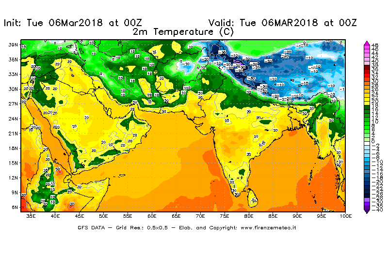 Mappa di analisi GFS - Temperatura a 2 metri dal suolo [°C] in Asia Sud-Occidentale
							del 06/03/2018 00 <!--googleoff: index-->UTC<!--googleon: index-->