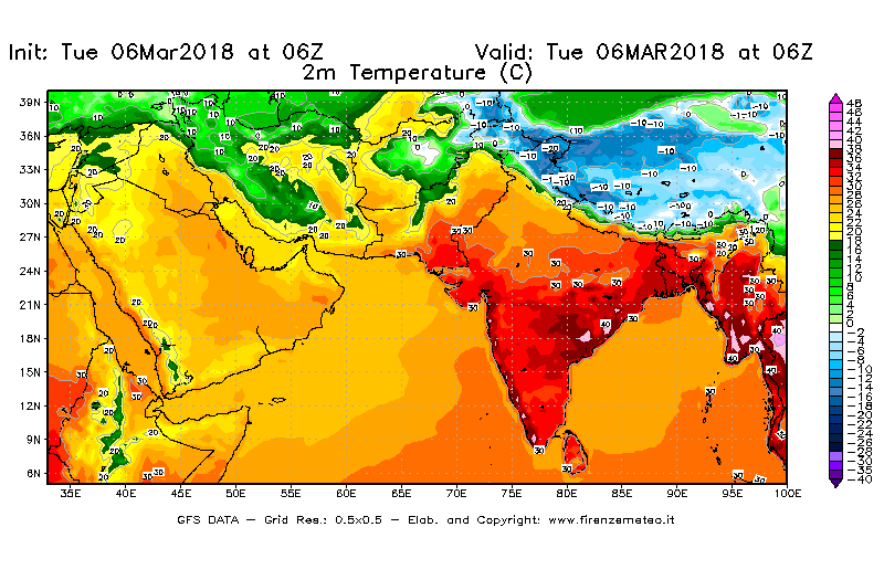Mappa di analisi GFS - Temperatura a 2 metri dal suolo [°C] in Asia Sud-Occidentale
							del 06/03/2018 06 <!--googleoff: index-->UTC<!--googleon: index-->