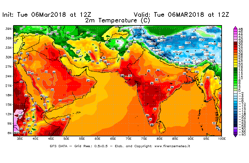 Mappa di analisi GFS - Temperatura a 2 metri dal suolo [°C] in Asia Sud-Occidentale
							del 06/03/2018 12 <!--googleoff: index-->UTC<!--googleon: index-->