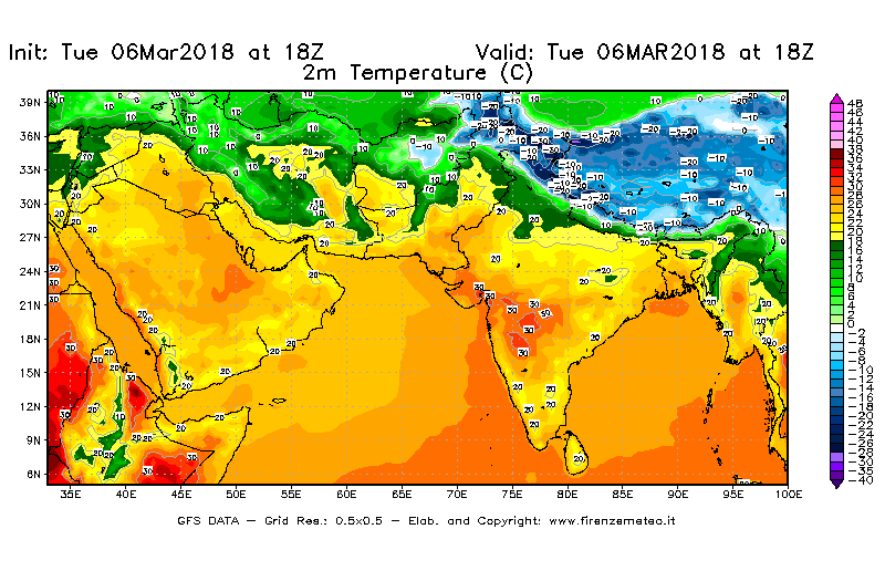 Mappa di analisi GFS - Temperatura a 2 metri dal suolo [°C] in Asia Sud-Occidentale
							del 06/03/2018 18 <!--googleoff: index-->UTC<!--googleon: index-->