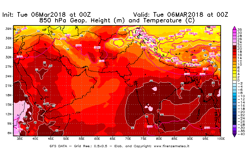 Mappa di analisi GFS - Geopotenziale [m] e Temperatura [°C] a 850 hPa in Asia Sud-Occidentale
							del 06/03/2018 00 <!--googleoff: index-->UTC<!--googleon: index-->